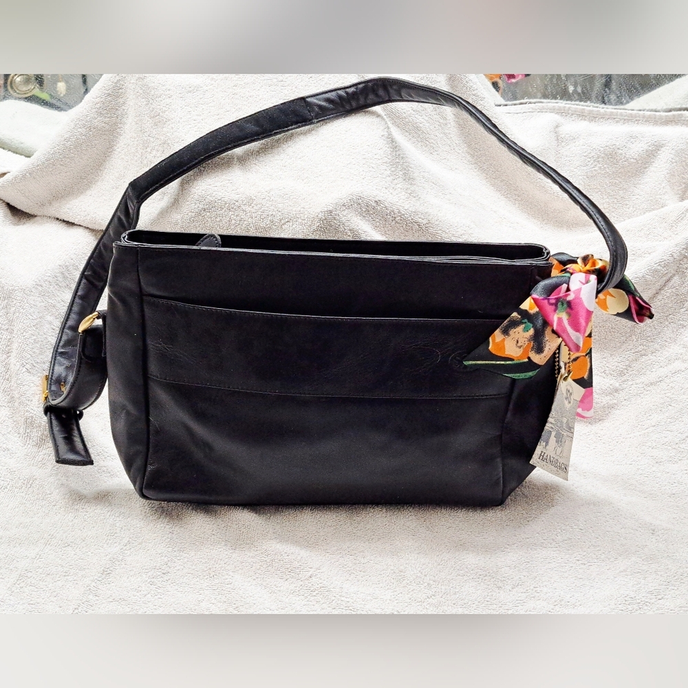 SAS NWT Dawn Leather Black Shoulder Bag with Bonus Colorful Scarf Accent